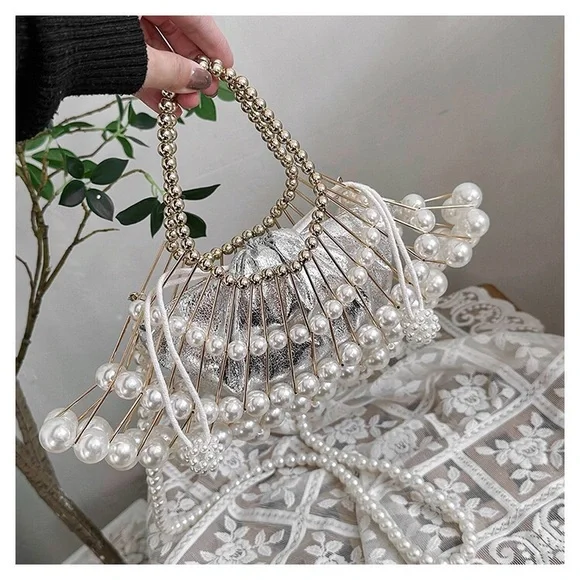 women's pearl chain oblique hollow handbag - Picture 4 of 16